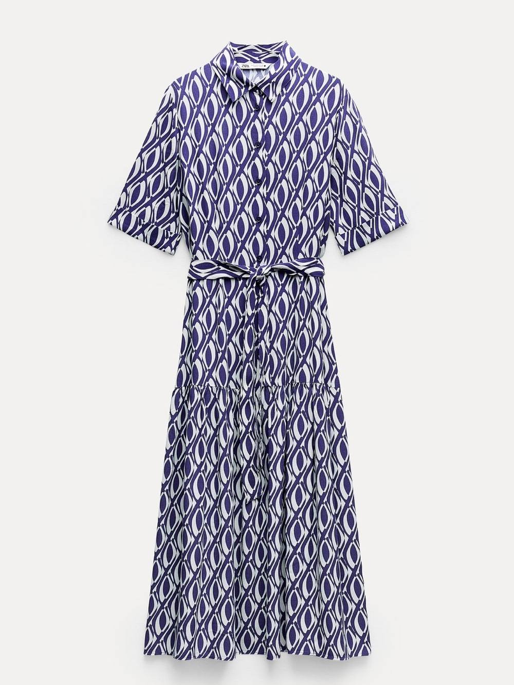 Zara NWOT Blue/White Maxi Dress W/ SS, Button Front, Drop Waist, Tie Belt Small